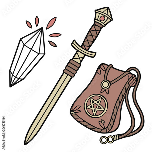 Tan Sword Dagger with Leather Pouch Pentagram and Crystal on White Background