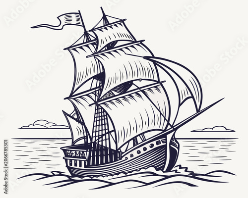 Vintage Sailing Ship with Full Sails on Wavy Ocean in Engraved Black and White Ink Style