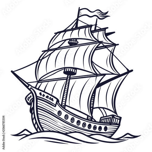 Wooden Vintage Sailing Ship with Masts and Full Sails on Ocean Waves in Black Ink on White