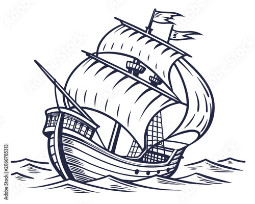 Vintage Sailing Ship with Large Sails Navigating Ocean Waves in Dark Blue Ink on White