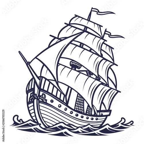 Vintage Wooden Sailing Ship with Large Sails Navigating Ocean Waves in Dark Blue Ink Style