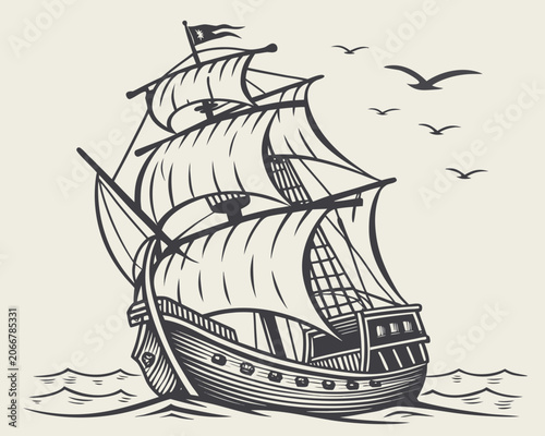 Vintage Sailing Ship Sailing on Ocean Waves with Flying Seagulls in Black and White Engraving