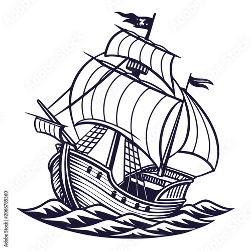 Vintage Sailing Ship with Billowing Sails on Choppy Ocean Waves in Black Ink Woodcut Style