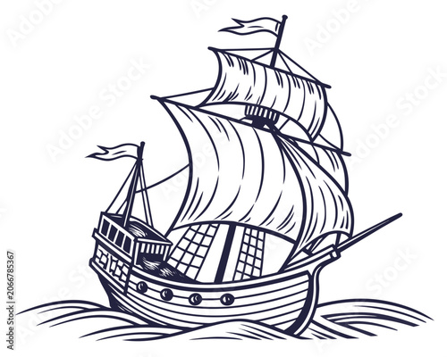 Vintage Wooden Sailing Ship with Full Sails on Stylized Ocean Waves in Dark Blue Line Art