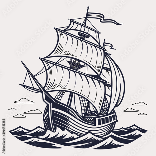 Wooden Sailing Ship with Full Sails Navigating Choppy Sea Waves Under Simple Clouds
