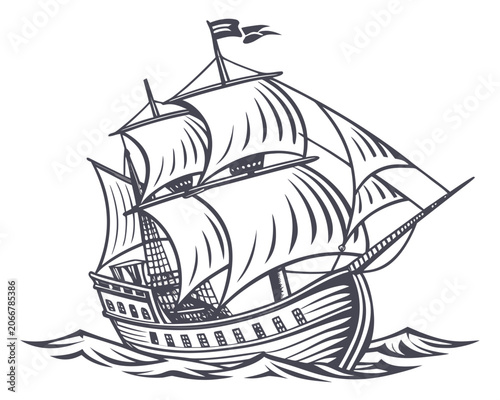 Vintage Wooden Galleon Sailing on Ocean Waves with Black Ink Lines on White