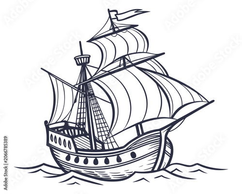 Wooden Vintage Sailing Ship with Large White Sails on Ocean Waves Black Line Art on White