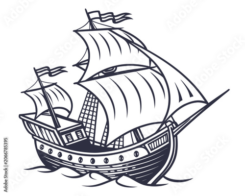 Vintage Wooden Sailing Ship with Large White Sails and Black Outlines on Ocean Waves
