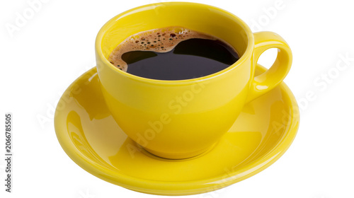 Принти на полотні Yellow coffee cup filled with dark coffee and foam on saucer
