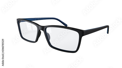 Black rectangular eyeglasses with blue accents on temples