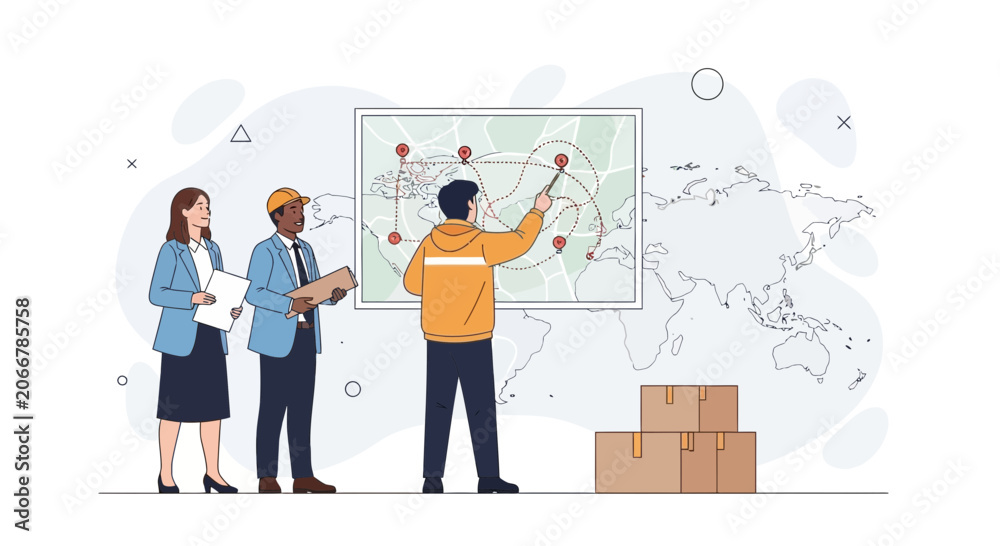 Fototapeta premium Logistics team planning global delivery routes and shipments on a world map