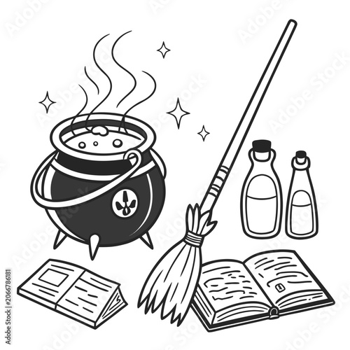 Black and White Steaming Witch Cauldron Broomstick Potion Bottles and Open Books