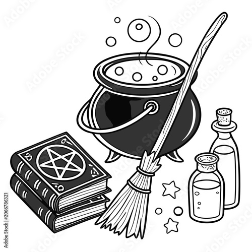 Black Bubbling Witch Cauldron with Broomstick and Pentagram Spell Books on White
