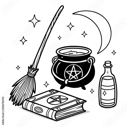Witchcraft Cauldron with Pentagram Broomstick Spell Book and Potion Bottle in Black and White