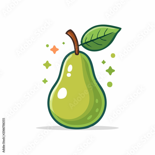 Cute cartoon green pear with leaf and sparkles