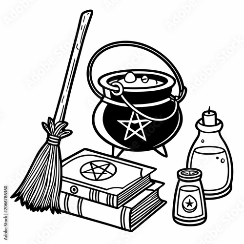 Witch Cauldron with Pentagram Broomstick Magic Books and Potion Bottles in Black on White Surface