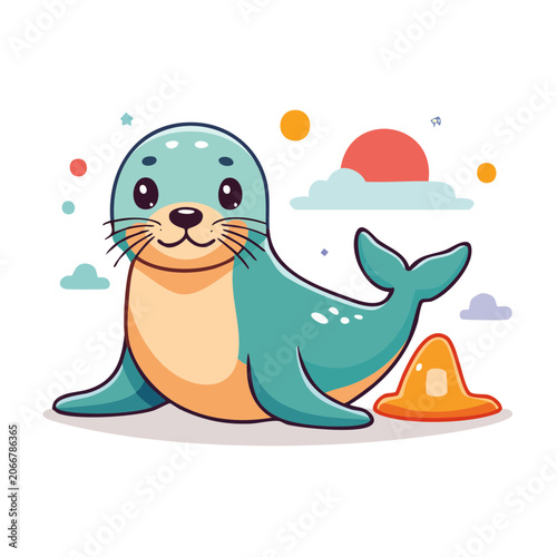 Cute cartoon seal illustration with sun and clouds