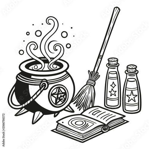 Black and White Smoking Cauldron with Pentagram Broomstick Potion Bottles and Open Magic Book
