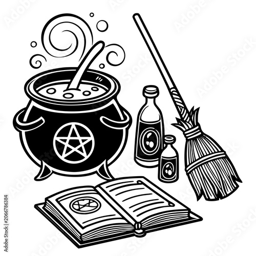Black Witch Cauldron with Pentagram Stirring Spoon Broomstick and Open Spell Book