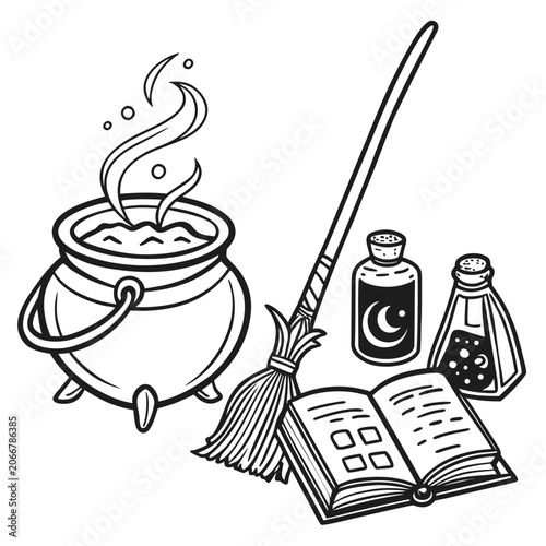 Steaming Cauldron Broomstick Potion Bottles and Open Book in Black Line Art on White Surface