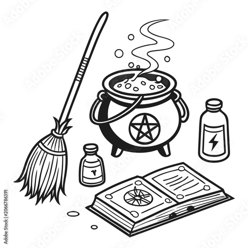 Black and White Bubbling Cauldron with Pentagram Broomstick and Open Spell Book on White Surface