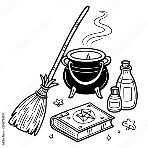 Black Steaming Cauldron with Straw Broomstick Pentagram Spellbook and Potion Bottles on White