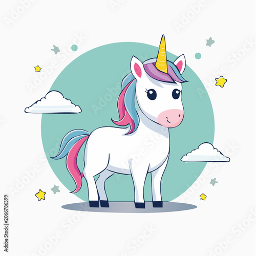 Cute Cartoon Unicorn with Colorful Mane and Tail
