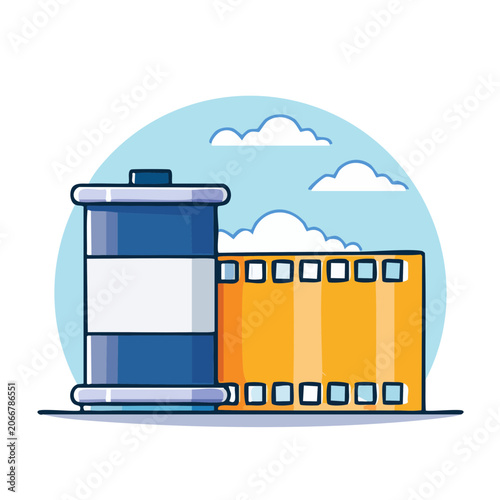 Flat design illustration of a film reel and strip with clouds