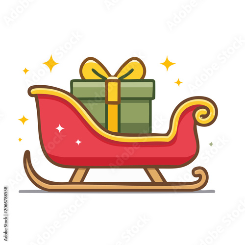 Flat design Christmas sleigh with gift and sparkles