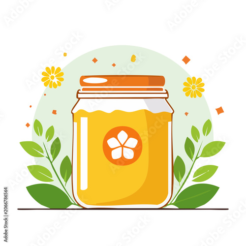 Flat design illustration of a jar of honey with leaves and flowers