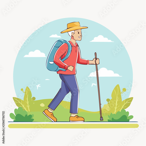 Man hiking with backpack and walking stick in nature