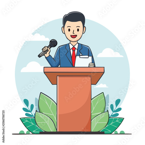 Man Speaking at Podium with Microphone and Notes