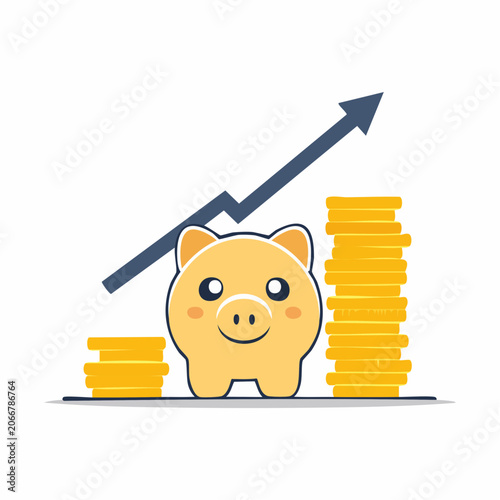 Piggy Bank with Growing Coins and Upward Trend Arrow