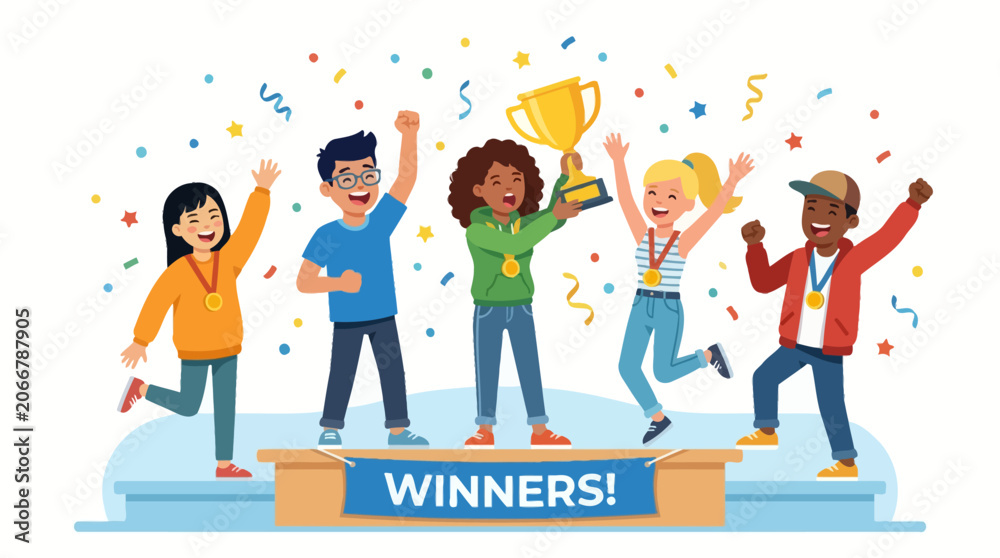 Fototapeta premium Diverse Kids Celebrate Victory on Podium with Trophy, Confetti, Medals