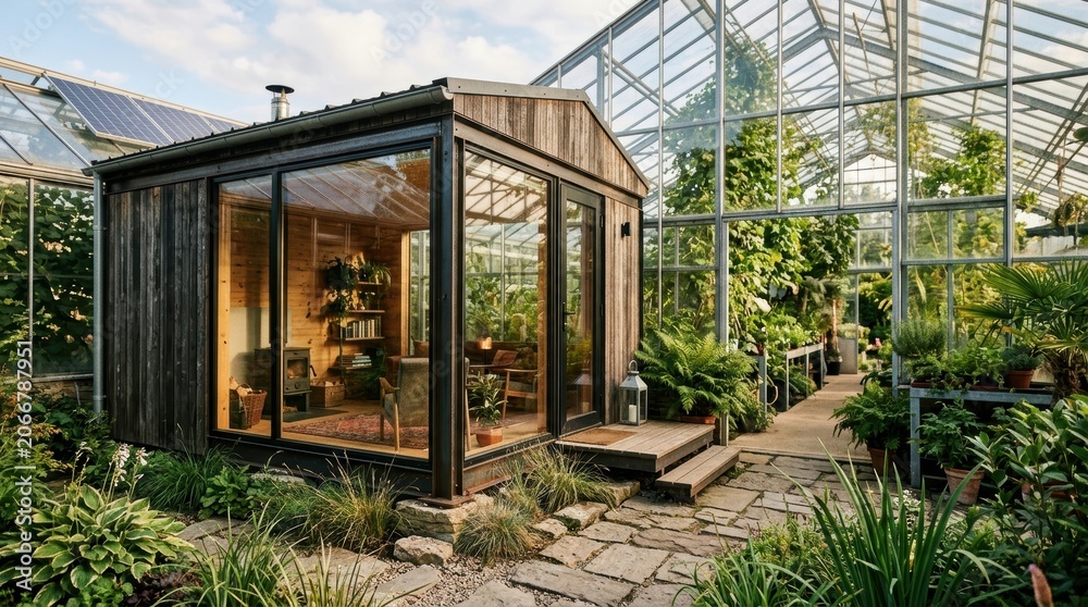 Fototapeta premium Modern Glass Greenhouse with Lush Indoor Plants and Natural Lighting in a Bright Conservatory Setting.