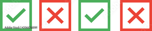 Photos Check mark and X icons with green approval red disapproval square boxes validati
