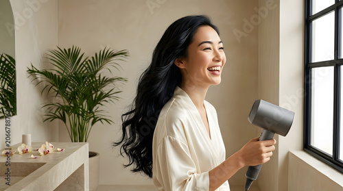 Asian Woman Blow Drying Her Long Shiny Hair in Bathroom, Lifestyle