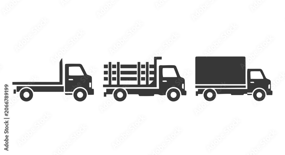 Fototapeta premium Vector illustration of set of flatbed, log, and box truck icons on a transparent background
