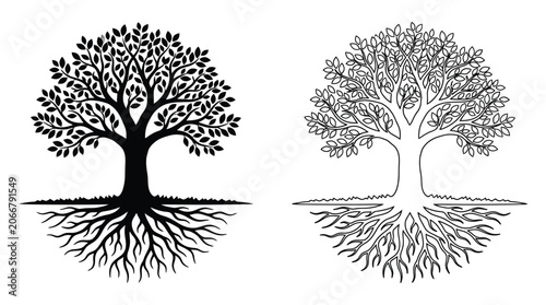 Photos Tree With Root System Black And White Vector Illustration