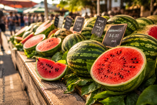 Fresh watermelon slices on display at outdoor farmers market stand