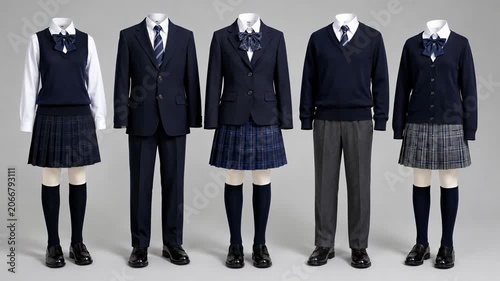 Set of formal school uniforms for boys and girls displayed together, education, dress code and student apparel concept.