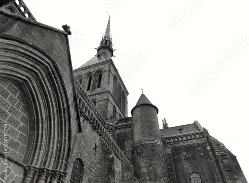 monochrome view of a glimpse of the Mont-Saint-Michel Abbey in France