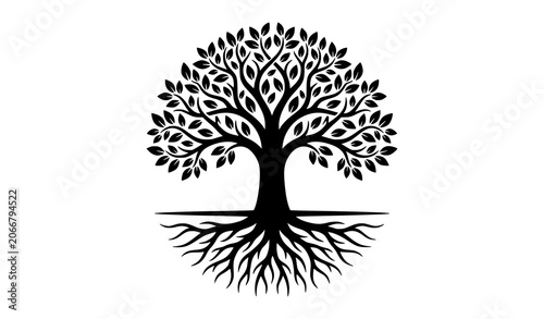 Tree of Life Roots Silhouette Vector Logo Black Nature Symbol on White Background