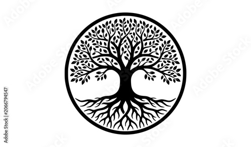 Tree with Roots Black Silhouette Emblem Vector Icon Isolated on White Background