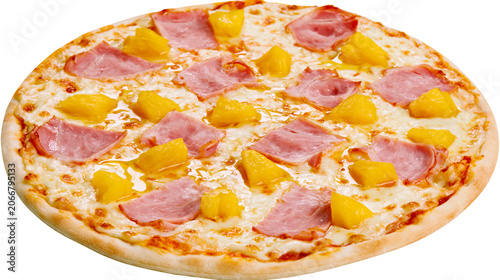Foto Hawaiian pizza with ham and pineapple chunks
