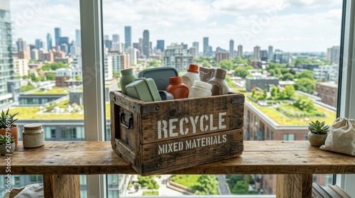 Recycling Bin Filled with Mixed Materials in Modern Office.