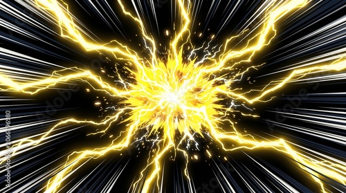 Powerful Yellow Electric Lightning Explosion with Manga Style Speed Lines and Golden Sparks on Dark Background