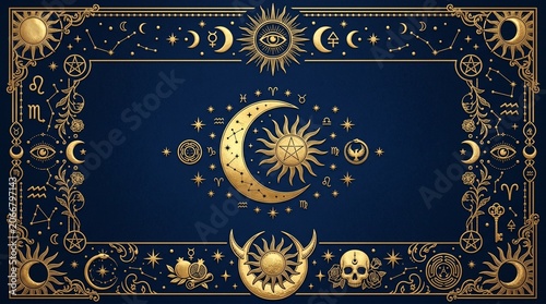 Mystical Celestial Background with Golden Sun, Crescent Moon, and Zodiac Symbols on Dark Blue, Ornate Esoteric Astrology Illustration