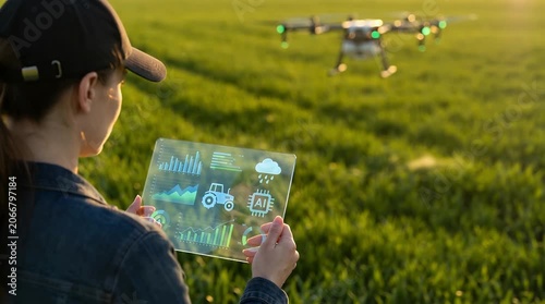 A woman using a transparent tablet to control a drone for smart farming in a green field.