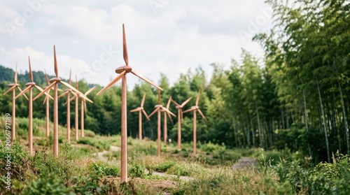 Renewable Energy Wind Turbines in Green Landscape Environmentally Friendly Power Generation.